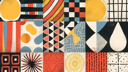 Obraz premium Colorful geometric abstract pattern set with various shapes and lines, perfect for modern design and artistic backgrounds.