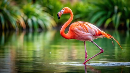 Fototapeta premium Flamingo captured mid-step in elegant pose, flamingo, bird, wildlife, mid-step, elegant, graceful, pink, feathers, capture