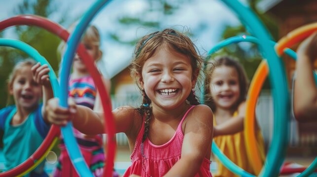 Joyful moment of children playing with hula hoops outdoors with friends.