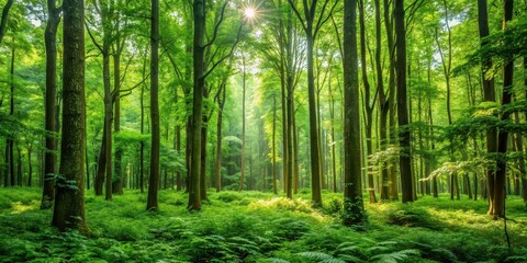 Obraz premium Lush green forest with tall trees and dense foliage, nature, foliage, trees, greenery, forest, woodland, environment