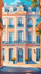 Fototapeta premium Elegant townhouse with classic European architecture, featuring large windows, balconies, and decorative elements bathed in warm sunlight.