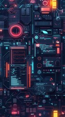 Futuristic interface with neon lights and digital data, representing modern technology and innovation in a dark, sleek design.