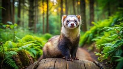 A Ferret Standing On A Log In The Middle Of A Forest With Green Plants All Around And The Sun Shining Through The Trees.