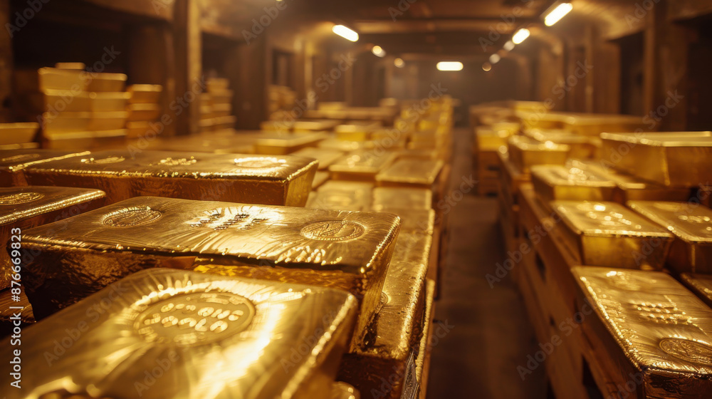 Poster numerous gold bars stacked neatly in rows inside a dimly lit, secure vault, creating a sense of weal