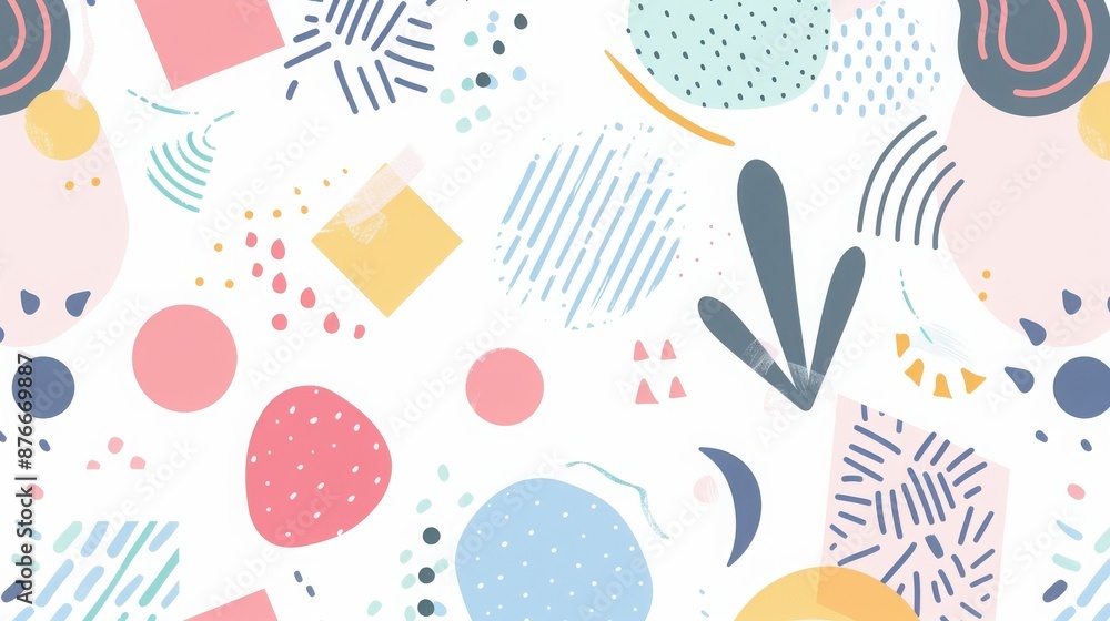 Poster abstract pattern with colorful geometric shapes and doodles on a white background, perfect for moder