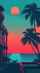 Obraz premium Retro tropical sunset with palm trees, silhouetted seaside architecture, and a vibrant sky for serene summer vibes and vacation inspirations.
