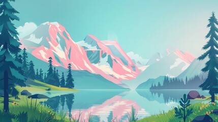 Scenic landscape illustration of a tranquil lake surrounded by mountains, pine trees, and vibrant vegetation, bathed in soft pastel colors.