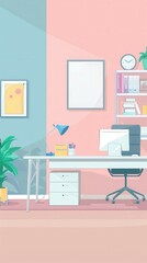 Fototapeta premium Modern office interior with stylish decor, desk, computer, and plants. Colorful, inviting workspace for productivity.