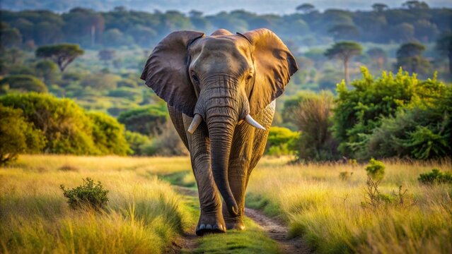 Majestic African Elephant Walking Through The Tall Grass Savanna During The Golden Hour