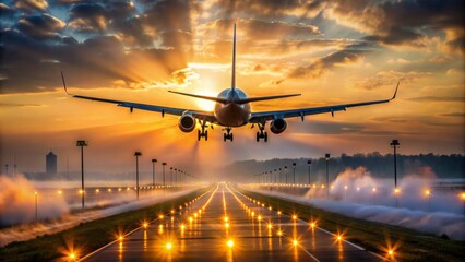 A Jet Airplane Is Landing On A Runway At Sunset. The Plane Is Silhouetted Against The Bright Sky.