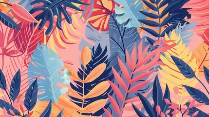 Fototapeta premium Vibrant abstract tropical leaves pattern in pastel and bold colors, perfect for backgrounds, summer designs, and creative projects.