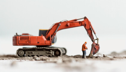 A miniature red excavator with a worker on a construction site creating a realistic and detailed depiction perfect for construction-themed projects and educational visuals