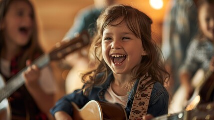 Children having fun during music lessons in studio. Children activity concept.