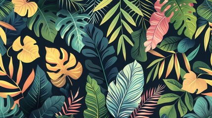 Vibrant tropical leaves various colors textures dark background, perfect nature-themed designs prints.