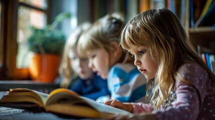 Obraz premium Cute little children reading books in happy expressions.