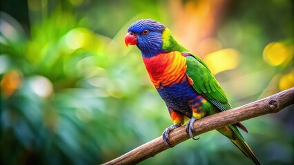 Naklejka premium Vibrantly colored rainbow lorikeet parrot perched on a branch, exotic, tropical, bird, feathers, colorful, vibrant
