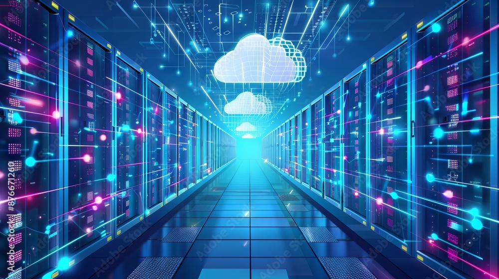 Poster data center corridor with cloud computing concept