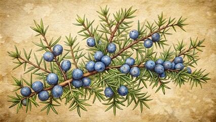 Vintage Botanical Illustration Of Juniper Branch With Blue Berries.