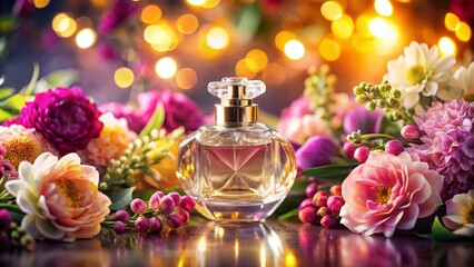 A Beautiful Fragrance Bottle Surrounded By A Variety Of Colorful Flowers.