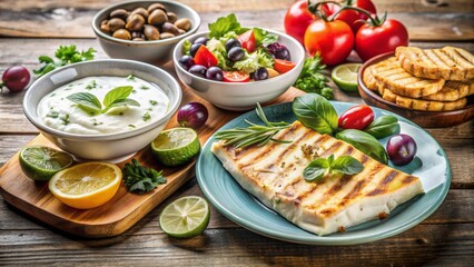 A Delicious And Healthy Mediterranean Meal Of Grilled Halloumi Cheese, Fresh Salad, Olives, And Pita Bread.