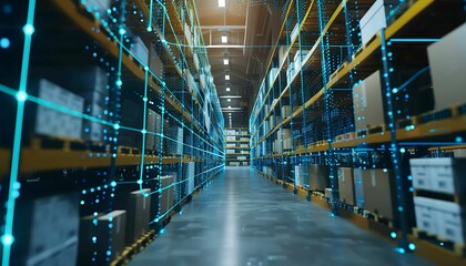 Futuristic Technology Retail Warehouse, a digital warehouse with electronic grids connected to a barcode scanner banner background