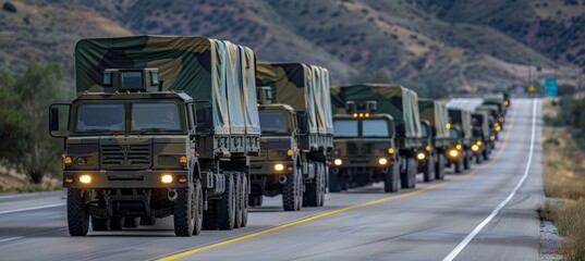 Military truck logistic convoy at highway. Goods and equipment vehicle transport. Generative AI technology.
