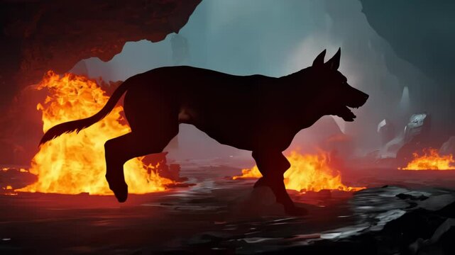 Silhouetted hellhound leaps over molten lava river. Fiery paw prints trail behind. Volcanic landscape with glowing embers. Dark, ominous sky looms overhead. 