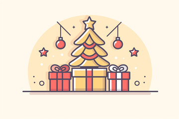 A Christmas tree with a star on top and a bunch of red ornaments hanging from it. There are also two boxes on the left side of the tree, and a few more boxes scattered around the tree