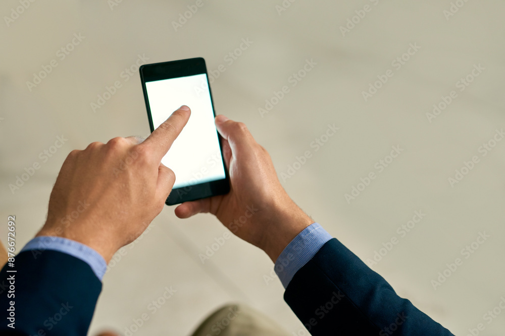 Poster Business person, hands and phone screen with touch for online browsing, interaction or app at office. Closeup of employee or user on mobile smartphone display for UI, UX or mockup space at workplace