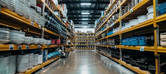 Fototapeta premium Kitchenware utensils warehouse sale for restaurant and cafe. Industry market product retail grocery. Generative AI technology.