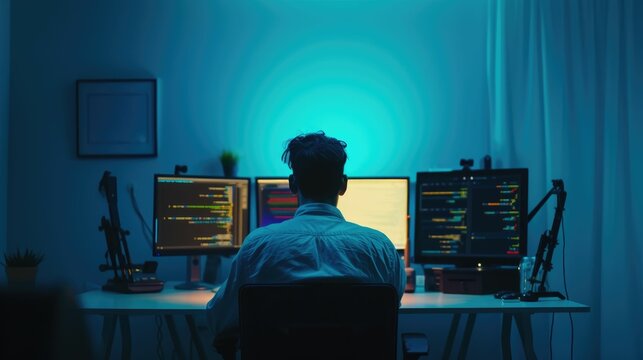 Back view of professional software developer coding program or engineering prompt. Skilled programmer typing computer and laptop while developing system with blurring background. Technology. AIG42.