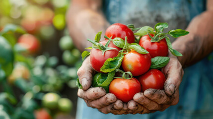 Close-up of dirty hands holding freshly harvested red tomatoes with green leaves in a garden setting.