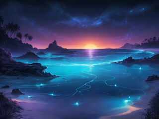 Fototapeta premium abstract glowing scenic bioluminescent beach at night