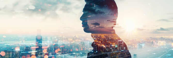 Double exposure of a business executive with flowing data streams and urban landscapes, symbolizing the seamless integration of technology and business strategy