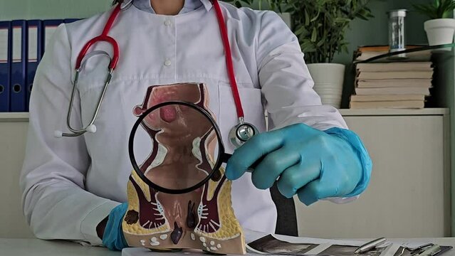 Doctor Examines Anatomical Model of Human Digestive System With Magnifying Glass