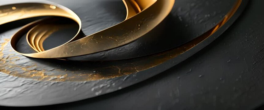 Elegant black surface with a dynamic gold spiral, contemporary design