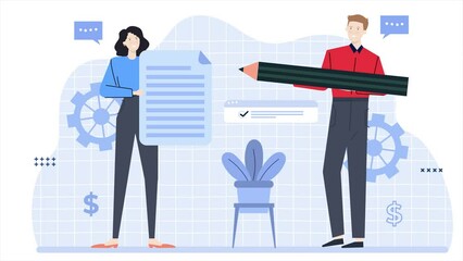 a man and a woman with agreement document business animated illustration video