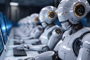 Fototapeta premium A row of robots are operating laptops