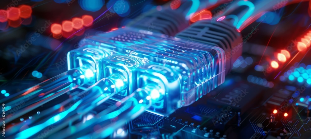 Poster glowing blue internet cable. wireless online speed network. generative ai technology.