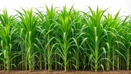 Fototapeta premium Sugarcane Field With Green Leaves Growing In A Neat Row, Ready For Harvest.