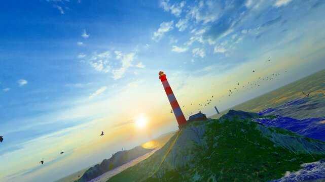Aerial photography of a flock of seagulls and a lighthouse flying on an island