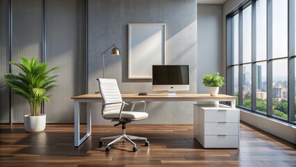 Fototapeta premium Modern Office Interior Design With Large Windows, Plants, And A Comfortable Desk And Chair.