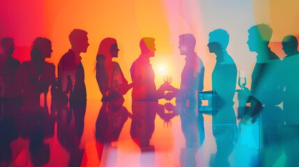 Vibrant silhouettes of people socializing, colorful and modern atmosphere