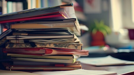 A stack of notebooks and binders on a desk