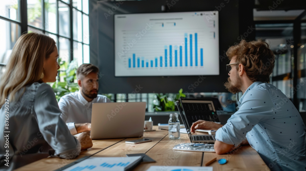 Poster a business team analyzes growth charts in a modern office setting, discussing strategies and data fo