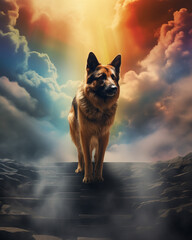 a german shepherd walking across a rainbow bridge into clouds. His back is to the camera but he's looking back towards the camer, as if looking at someone