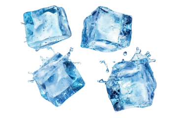 Four crystal clear ice cubes, refreshing and cool, perfect for drinks, cocktails, and culinary presentations. High-quality ice cubes for food and beverage photography, adding a crisp and clean look.