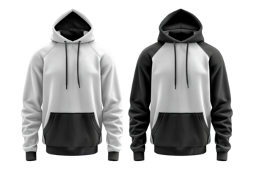 Two hoodies in a contrasting white and black design, displayed side by side, isolated on a white background. Ideal for casual fashion, comfort, and versatile wardrobe essentials.
