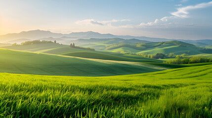 Fototapeta premium Sunlit rolling hills with lush green grass and distant mountains
