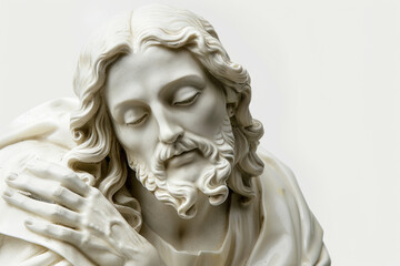 Obraz premium Detailed marble sculpture of Jesus Christ with a serene expression, captured from a close-up perspective. Ideal for religious, art, and cultural themes.